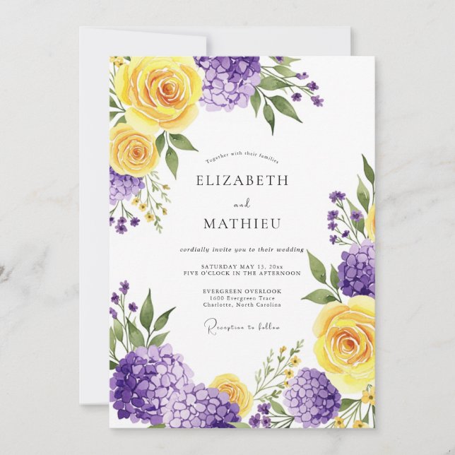 Invitation Mariage Botanique Romantique Violet Jaune (Devant)