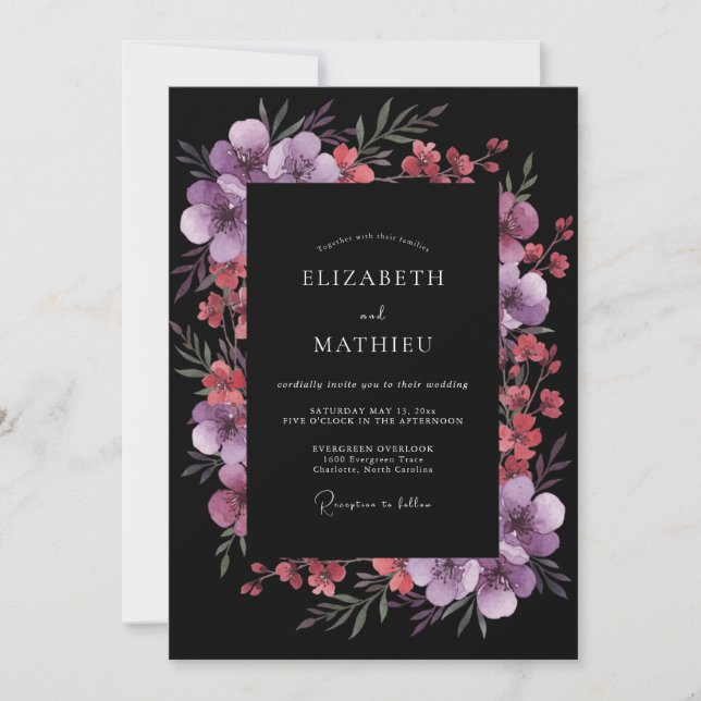 Invitation Mariage Botanique Romantique Violet Prune (Devant)
