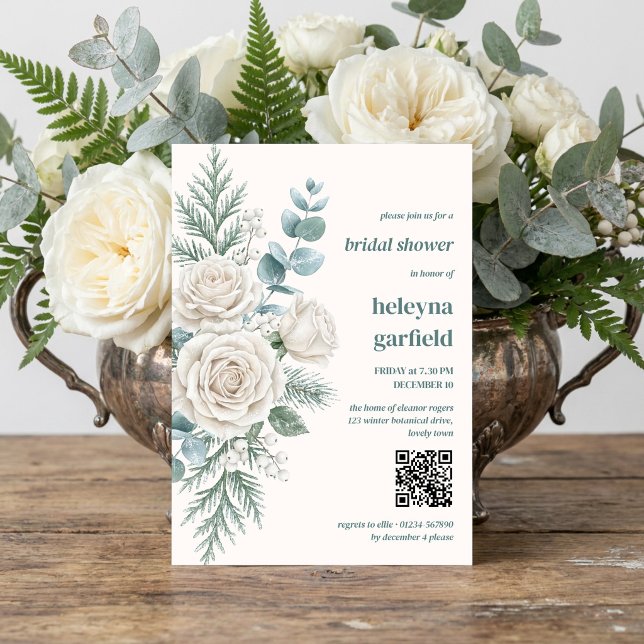 Invitation Mariage botanique Rose Blanche d'Hiver (Winter bridal shower invitation with white roses and frosted eucalyptus by Darling & May)