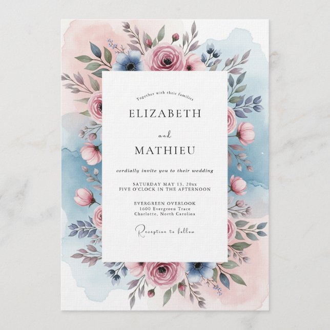 Invitation Mariage Botanique Rose Bleu Poussiéreux (Devant)