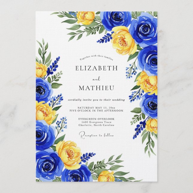 Invitation Mariage Botanique Rose Bleu Royal (Devant)