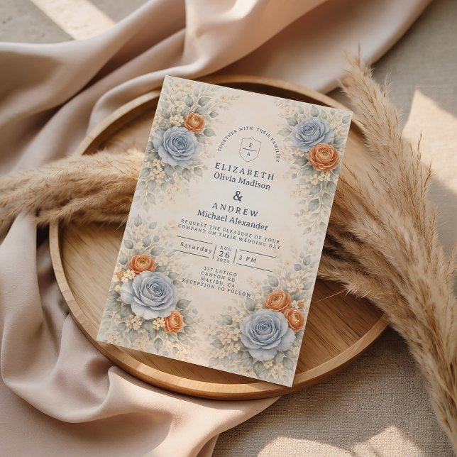 Invitation Mariage Botanique Rose Bleue (Créateur téléchargé)