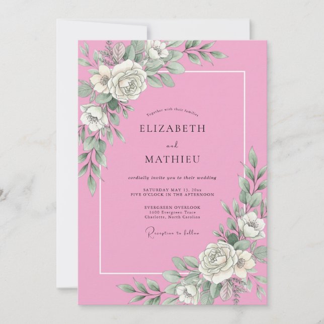 Invitation Mariage Botanique Rose Bonbon Radiant (Devant)