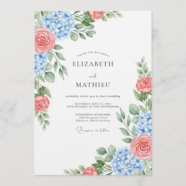 Invitation Mariage Botanique Rose Corail Bleu (Devant)