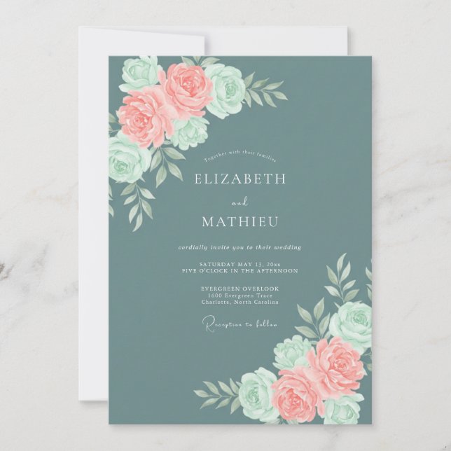Invitation Mariage Botanique Rose Corail Sarcelle (Devant)