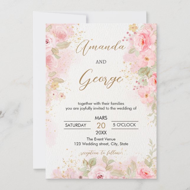 Invitation Mariage botanique Rose élégant (Devant)