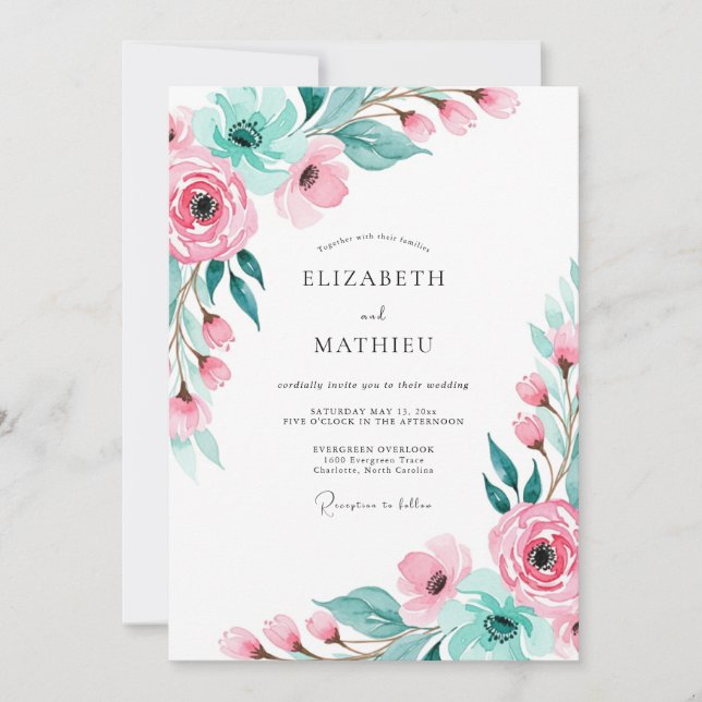 Invitation Mariage Botanique Rose Élégant (Devant)