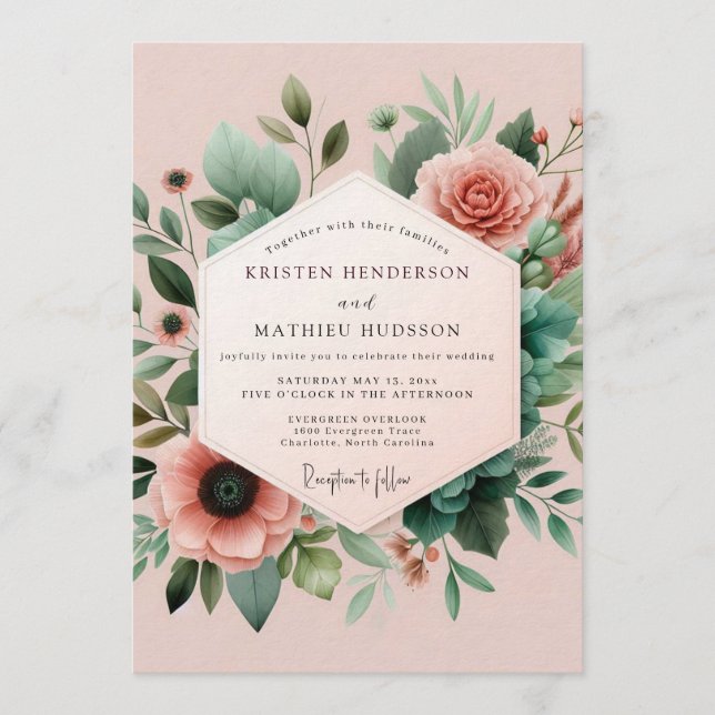 Invitation Mariage Botanique Rose Émeraude (Devant)