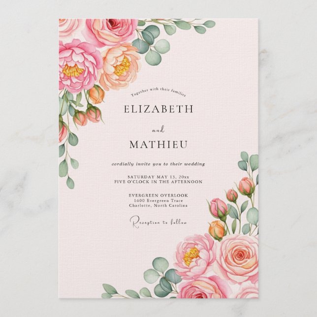 Invitation Mariage Botanique Rose et Pêche Luxuriant (Devant)