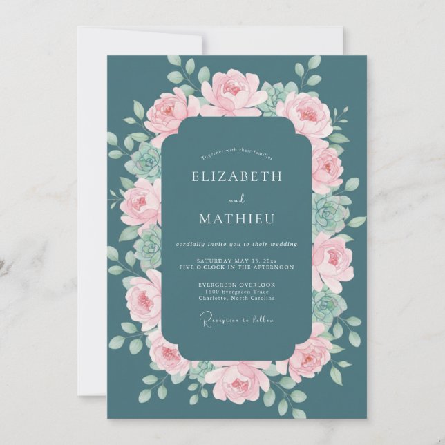 Invitation Mariage Botanique Rose et Sarcelle Profond (Devant)