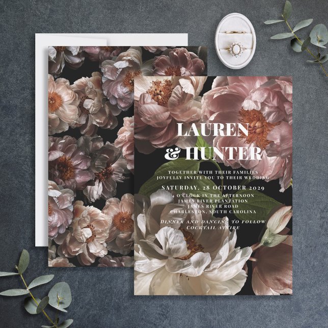 Invitation Mariage botanique rose foncé moderne en (Créateur téléchargé)