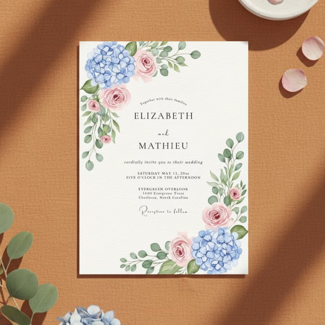 Invitation Mariage Botanique Rose Hydrangea Bleue (Créateur téléchargé)