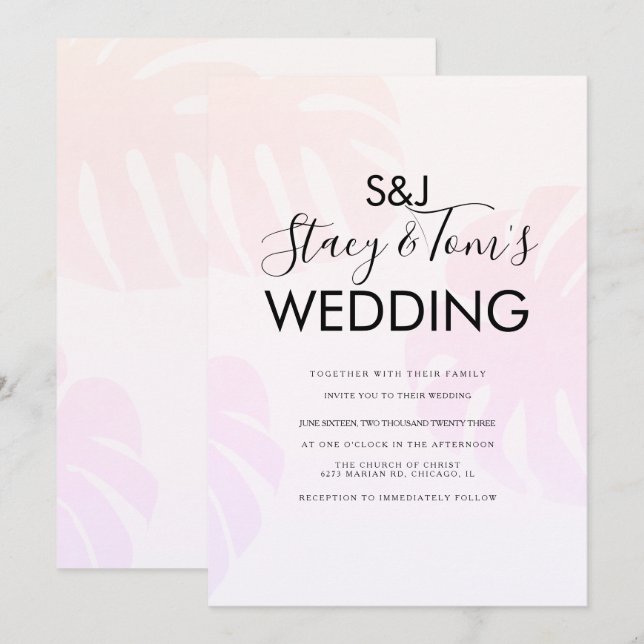 Invitation Mariage botanique rose Monstera (Devant / Derrière)