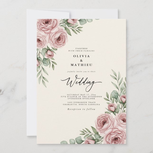 Invitation Mariage Botanique Rose Pâle Élégant (Devant)
