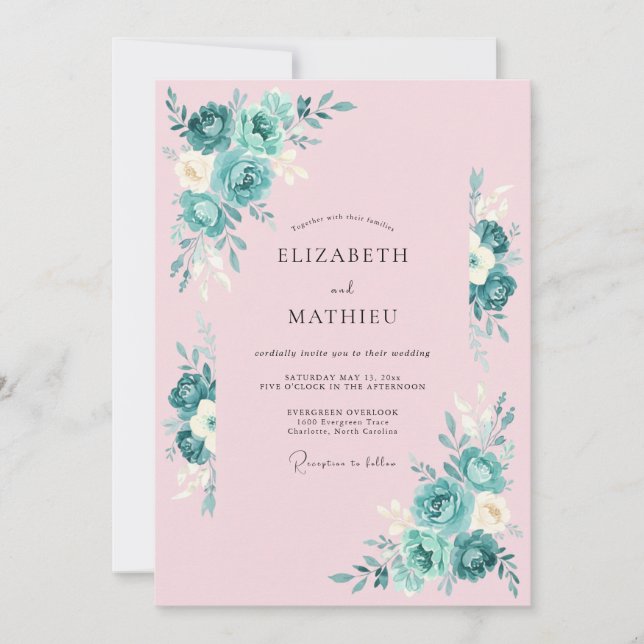 Invitation Mariage Botanique Rose Pâle et Sarcelle (Devant)