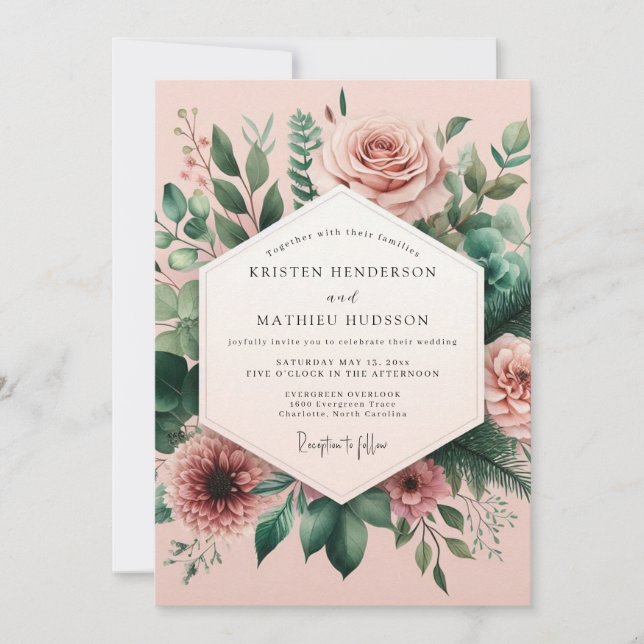 Invitation Mariage Botanique Rose Pâle Fantaisie (Devant)