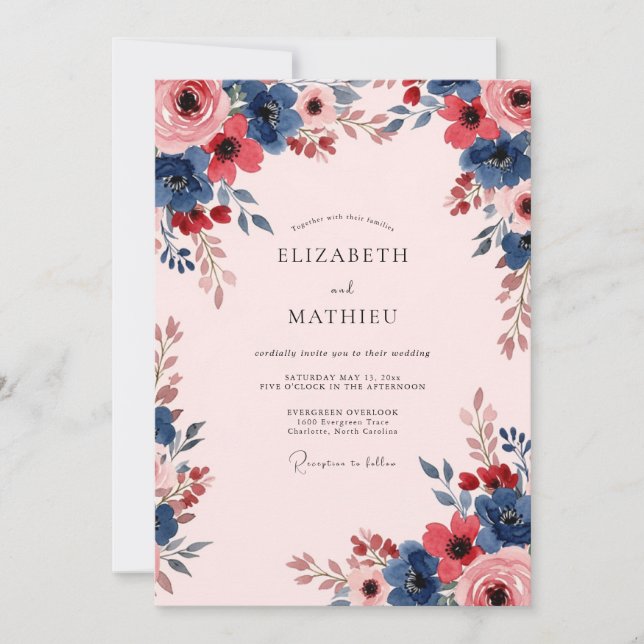 Invitation Mariage Botanique Rose Pâle Gras (Devant)