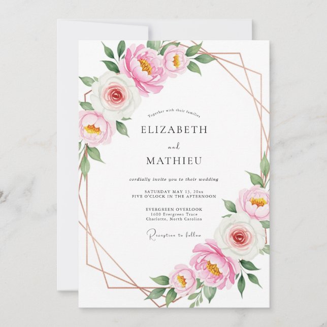 Invitation Mariage Botanique Rose Pâle Impeccable (Devant)