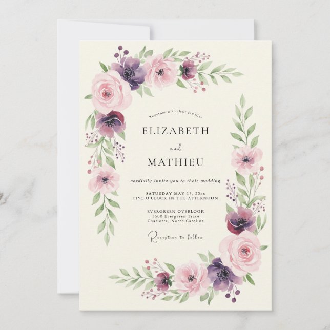 Invitation Mariage Botanique Rose Plum de Rêve (Devant)