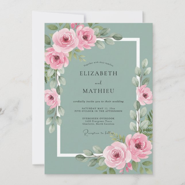 Invitation Mariage Botanique Rose Polie Vert Sauge (Devant)