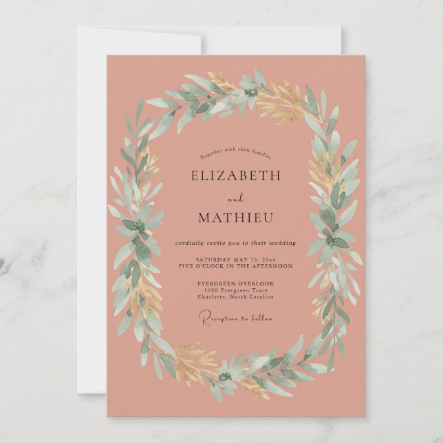 Invitation Mariage Botanique Rose Poussiéreuse Laurier (Devant)