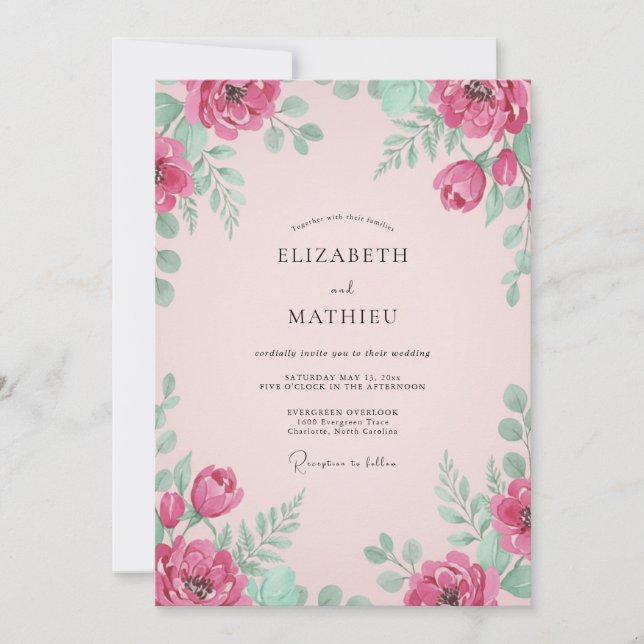 Invitation Mariage Botanique Rose Radieux (Devant)