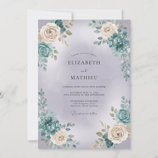 Invitation Mariage Botanique Rose Sarcelle (Devant)