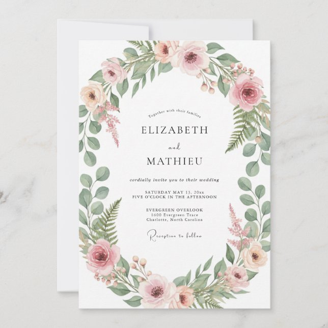 Invitation Mariage Botanique Rose Tendresse (Devant)