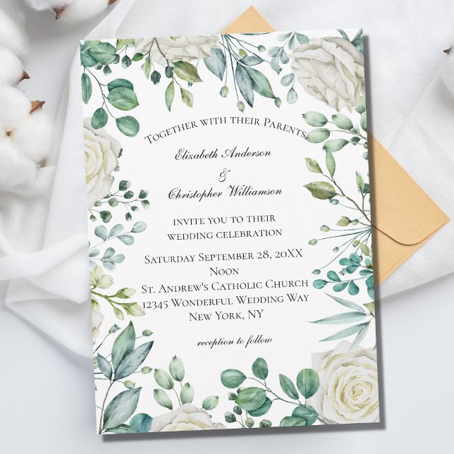 Invitation Mariage Botanique Roses Florales Blanches Eucalypt (Créateur téléchargé)