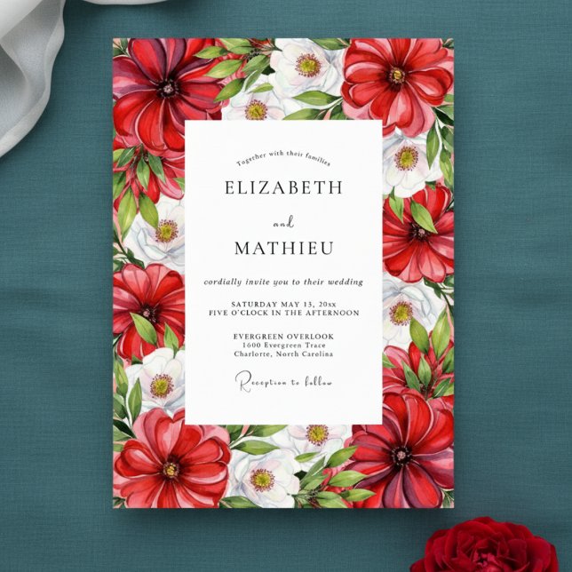 Invitation Mariage Botanique Rouge Luxuriant (Créateur téléchargé)