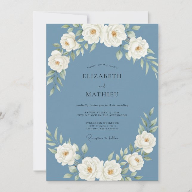 Invitation Mariage Botanique Royal Bleu Ardoise (Devant)