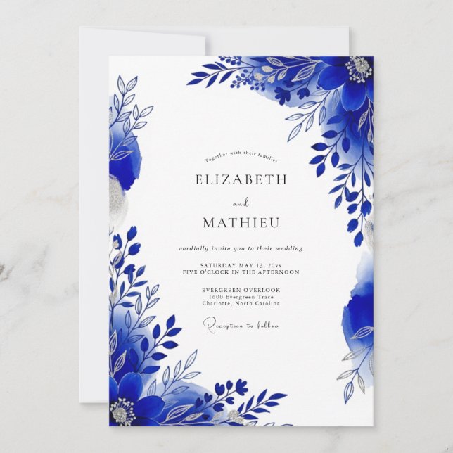 Invitation Mariage Botanique Royal Bleu Poli (Devant)