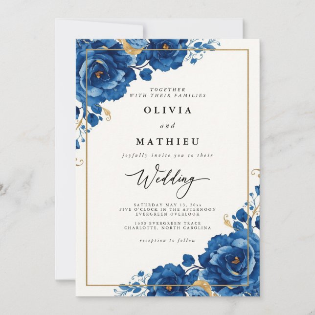 Invitation Mariage botanique Royal Blue Bloom (Devant)