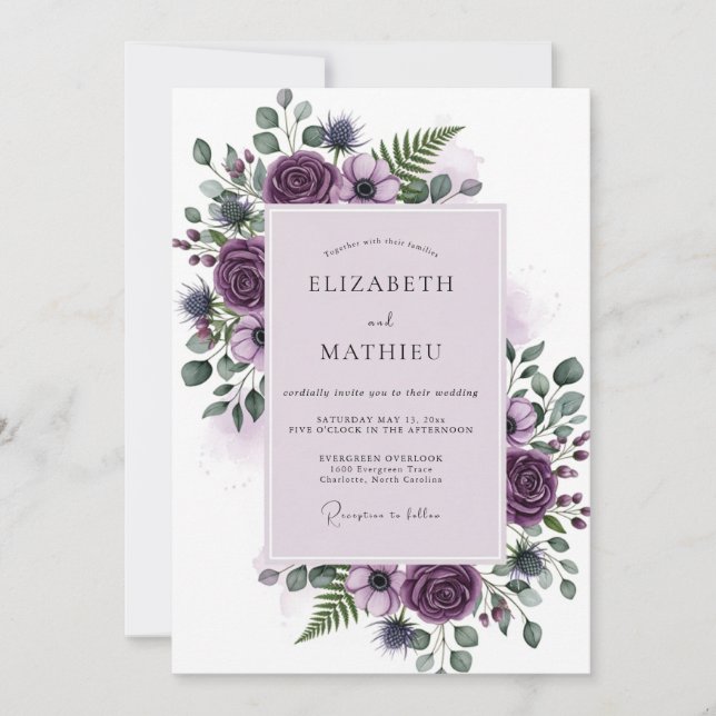 Invitation Mariage Botanique Royal Pourpre (Devant)