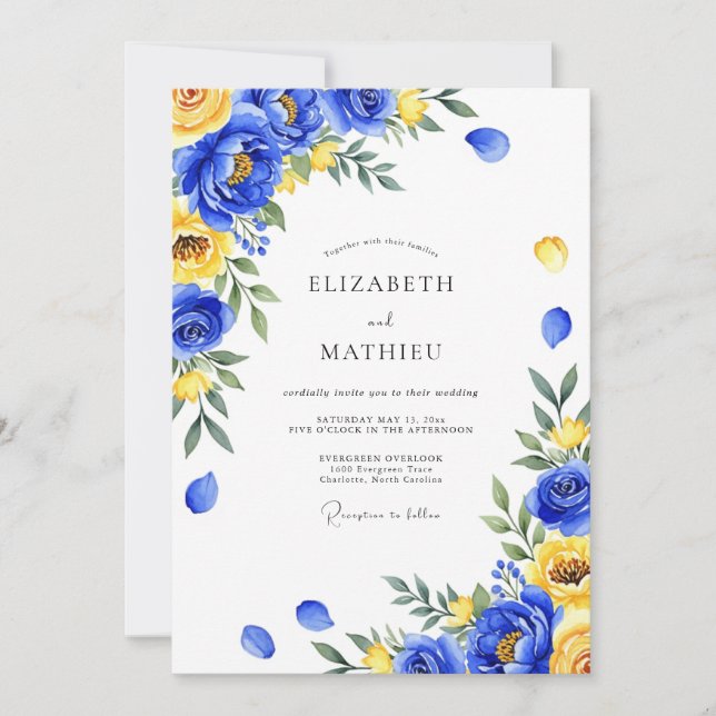 Invitation Mariage Botanique Royale Bleu Tableaux (Devant)