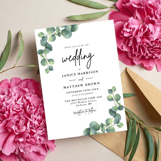 Invitation Mariage Botanique Rustique au Feuillage d'Eucalypt (Rustic eucalyptus greenery invitation adds natural elegance and beautifully invites guests.)