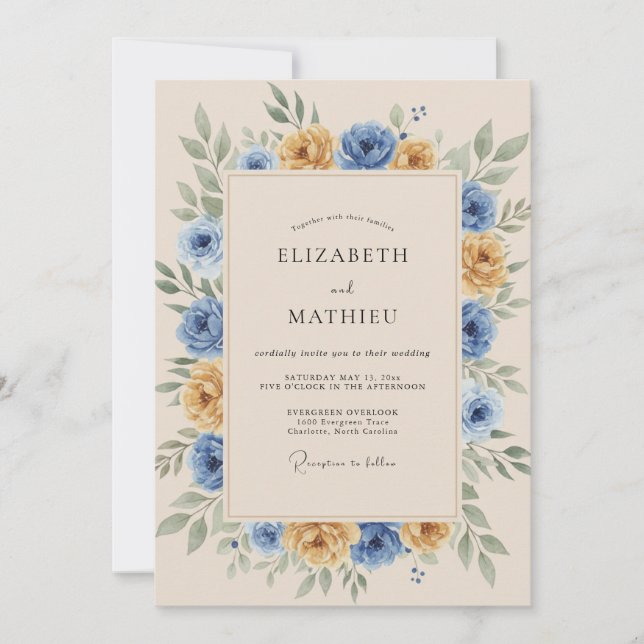 Invitation Mariage Botanique Rustique Bleu Souci (Devant)