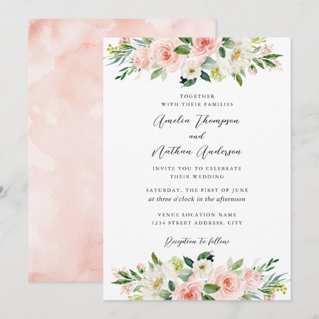 Invitation Mariage Botanique Rustique Campagnard Rose (Devant / Derrière)