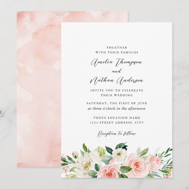 Invitation Mariage Botanique Rustique de Couleur Rose Pâle (Devant / Derrière)