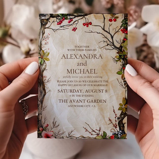 Invitation Mariage botanique rustique en bois (Créateur téléchargé)