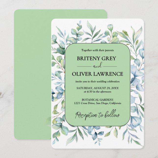Invitation Mariage Botanique Rustique Eucalyptus (Devant / Derrière)