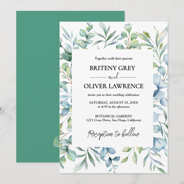 Invitation Mariage Botanique Rustique Eucalyptus Verdure (Devant / Derrière)
