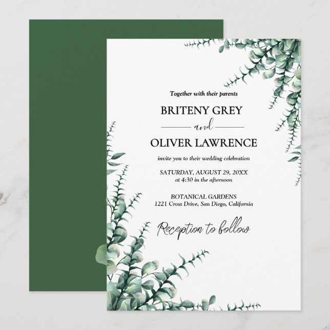 Invitation Mariage Botanique Rustique Eucalyptus Verdure (Devant / Derrière)