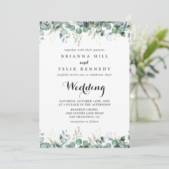 Invitation Mariage Botanique Rustique Eucalyptus Verdure (Debout devant)