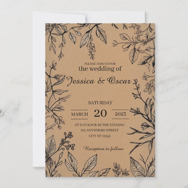 Invitation Mariage Botanique Rustique Papier Kraft Feuillage (Devant)
