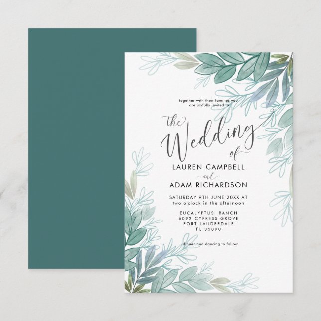 Invitation Mariage Botanique Rustique Vert Sauge & Sarcelle (Devant / Derrière)