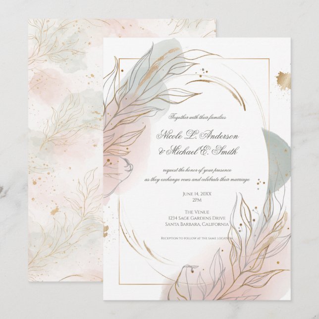 Invitation Mariage Botanique Sage Doré Et Rose  (Devant / Derrière)