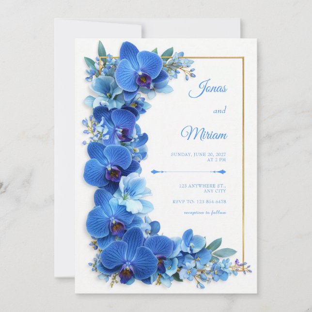 Invitation Mariage Botanique Saphir Azur Orchidée Dorée (Devant)