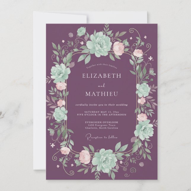 Invitation Mariage Botanique Séduisant au Plum (Devant)