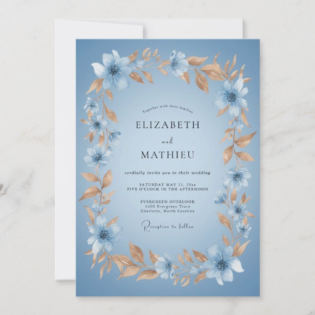Invitation Mariage Botanique Séduisant Bleu Poussiéreux (Devant)